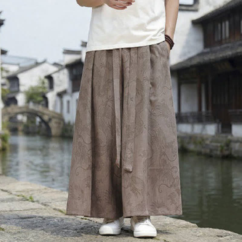 Nimara Ritual Summer Casual Tang Style Drawstring Dragon Ankle Pants Men's Wide Leg Pants