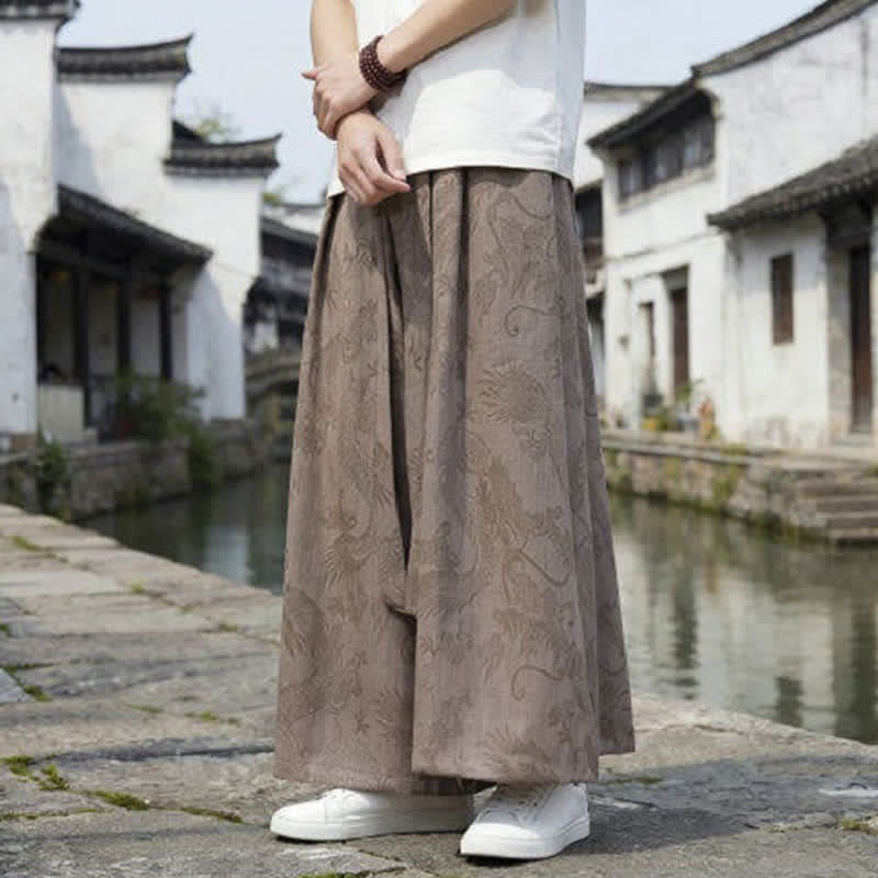 Nimara Ritual Summer Casual Tang Style Drawstring Dragon Ankle Pants Men's Wide Leg Pants