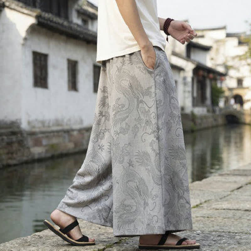 Nimara Ritual Summer Casual Tang Style Drawstring Dragon Ankle Pants Men's Wide Leg Pants