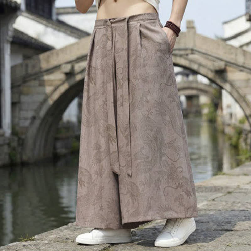 Nimara Ritual Summer Casual Tang Style Drawstring Dragon Ankle Pants Men's Wide Leg Pants
