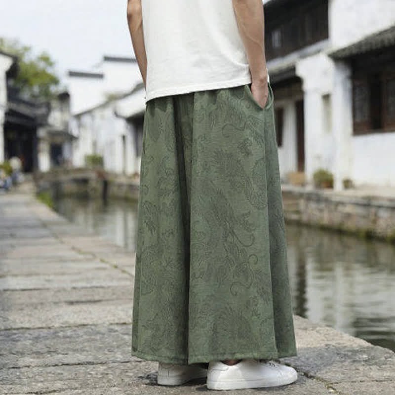Nimara Ritual Summer Casual Tang Style Drawstring Dragon Ankle Pants Men's Wide Leg Pants