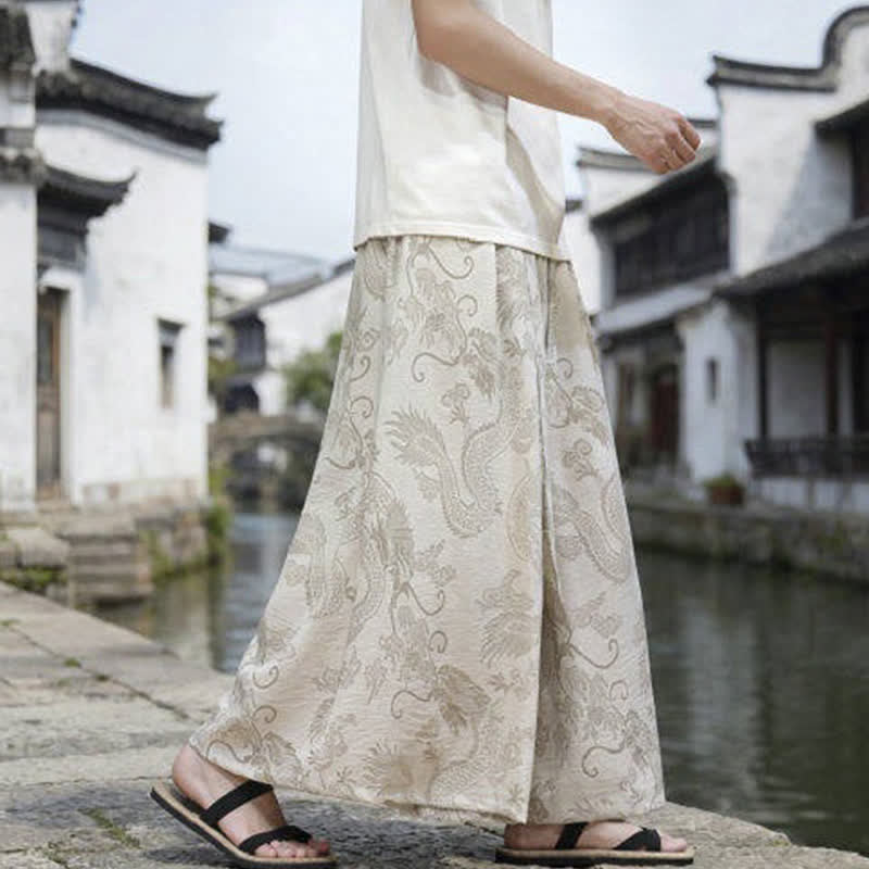 Nimara Ritual Summer Casual Tang Style Drawstring Dragon Ankle Pants Men's Wide Leg Pants