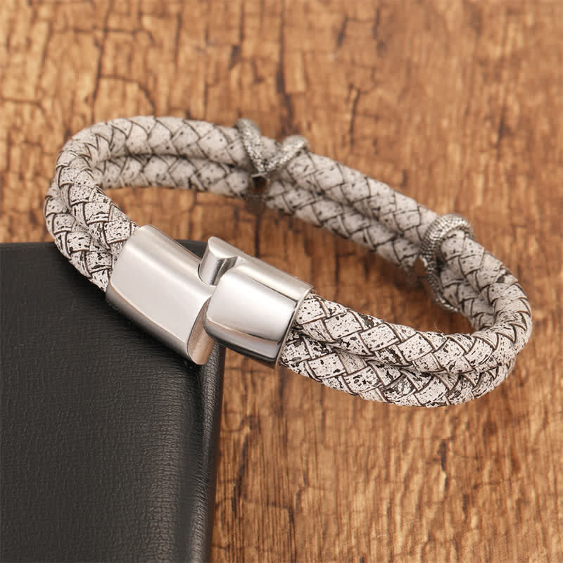 Nimara Ritual Braided Leather Dragon Claw Strength Stainless Steel Bracelet