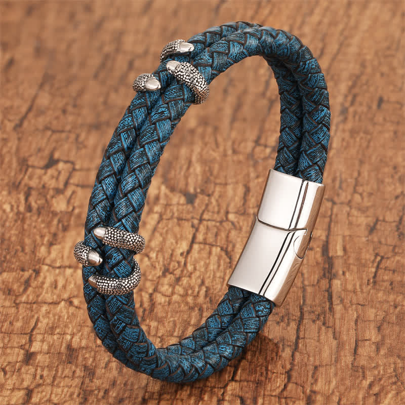 Nimara Ritual Braided Leather Dragon Claw Strength Stainless Steel Bracelet