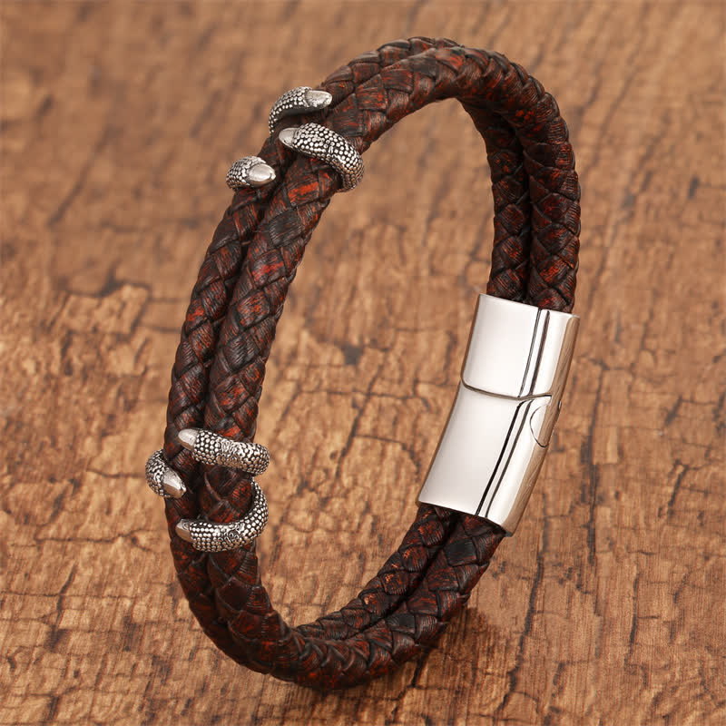 Nimara Ritual Braided Leather Dragon Claw Strength Stainless Steel Bracelet