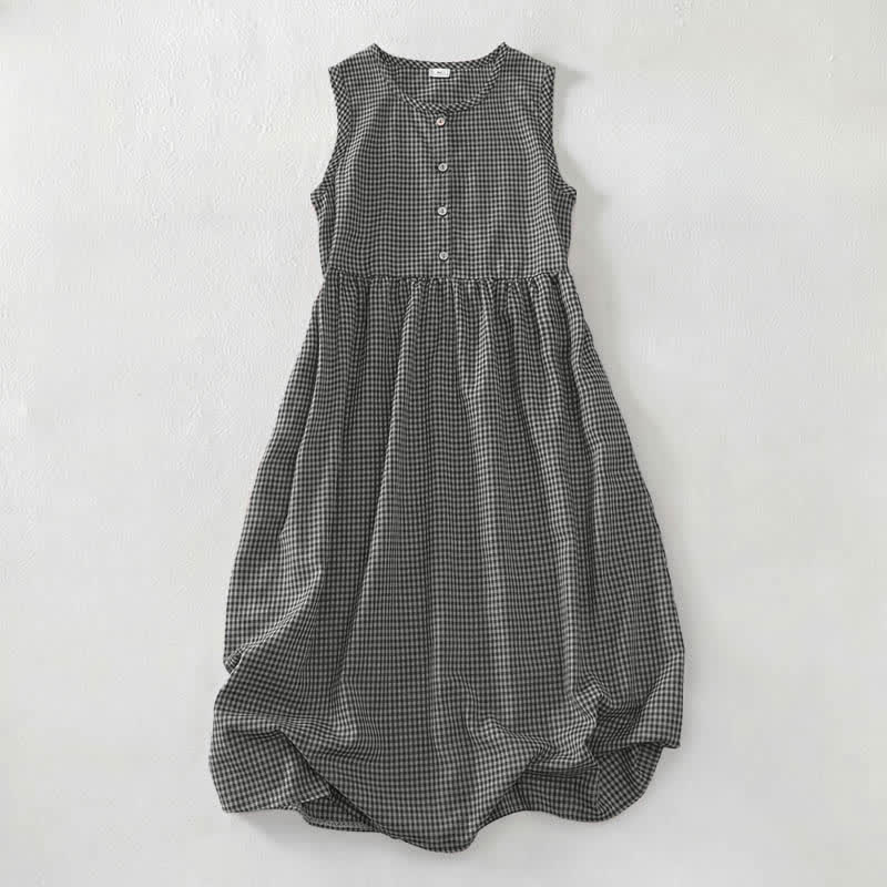 Nimara Ritual Summer Vintage Button-Up Plaid Crew Neck Cotton Women's Summer Sleeveless Dress With Pocket