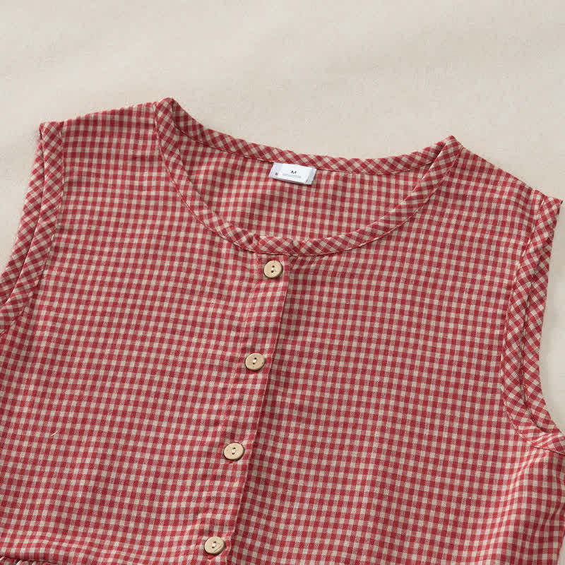 Nimara Ritual Summer Vintage Button-Up Plaid Crew Neck Cotton Women's Summer Sleeveless Dress With Pocket