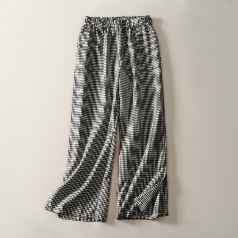 Nimara Ritual Spring Summer Casual Vintage Drawstring Plaid Cotton Cropped Pants Women's Straight Leg Pants With Pockets