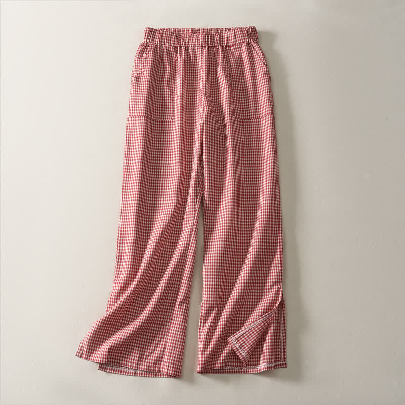 Nimara Ritual Spring Summer Casual Vintage Drawstring Plaid Cotton Cropped Pants Women's Straight Leg Pants With Pockets