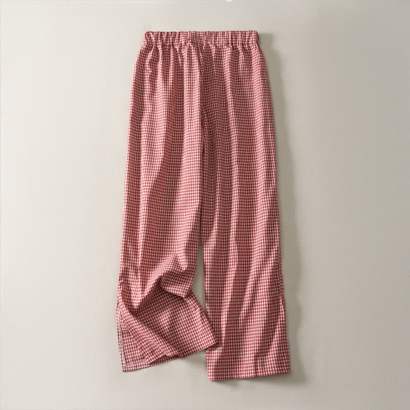 Nimara Ritual Spring Summer Casual Vintage Drawstring Plaid Cotton Cropped Pants Women's Straight Leg Pants With Pockets