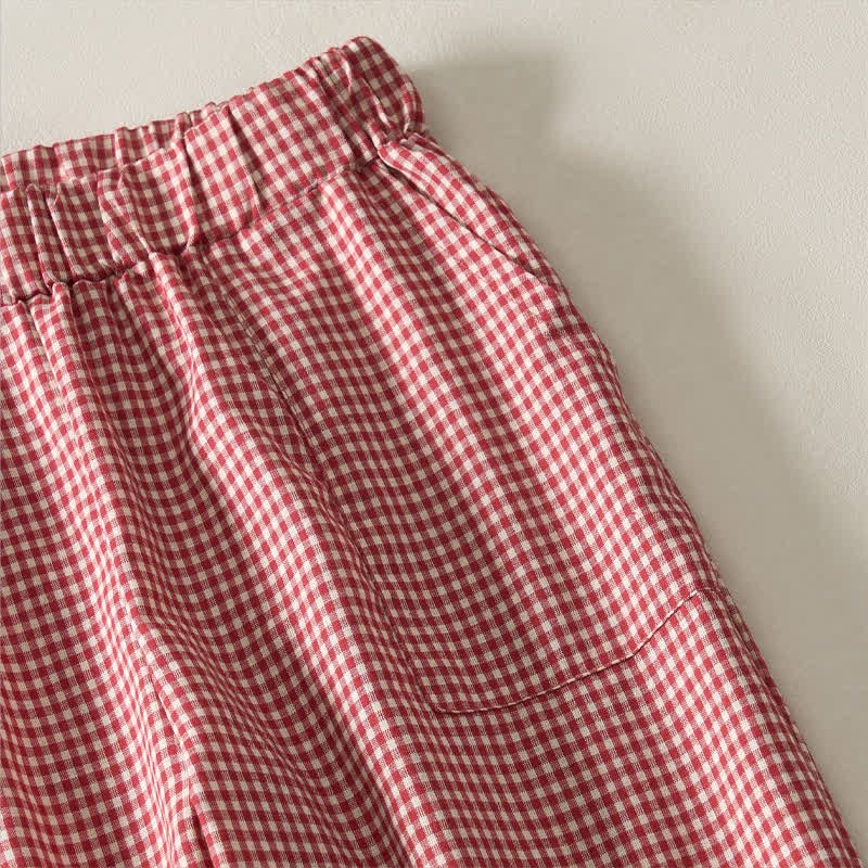 Nimara Ritual Spring Summer Casual Vintage Drawstring Plaid Cotton Cropped Pants Women's Straight Leg Pants With Pockets