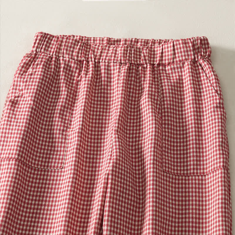 Nimara Ritual Spring Summer Casual Vintage Drawstring Plaid Cotton Cropped Pants Women's Straight Leg Pants With Pockets