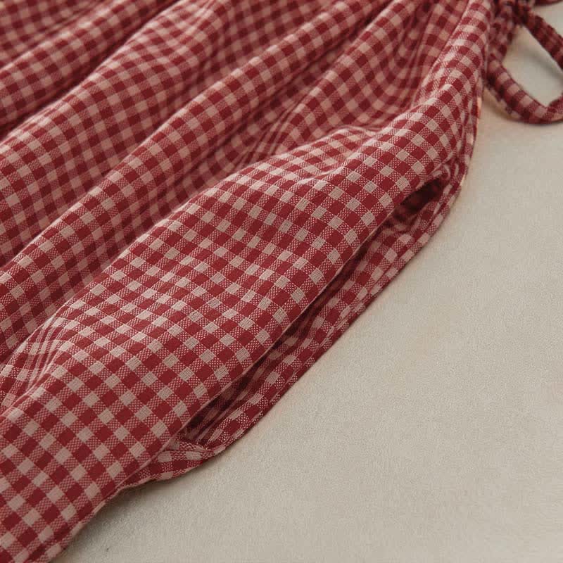 Nimara Ritual Summer Vintage Drawstring Plaid Cotton Women's Summer Sleeveless Dress With Pockets