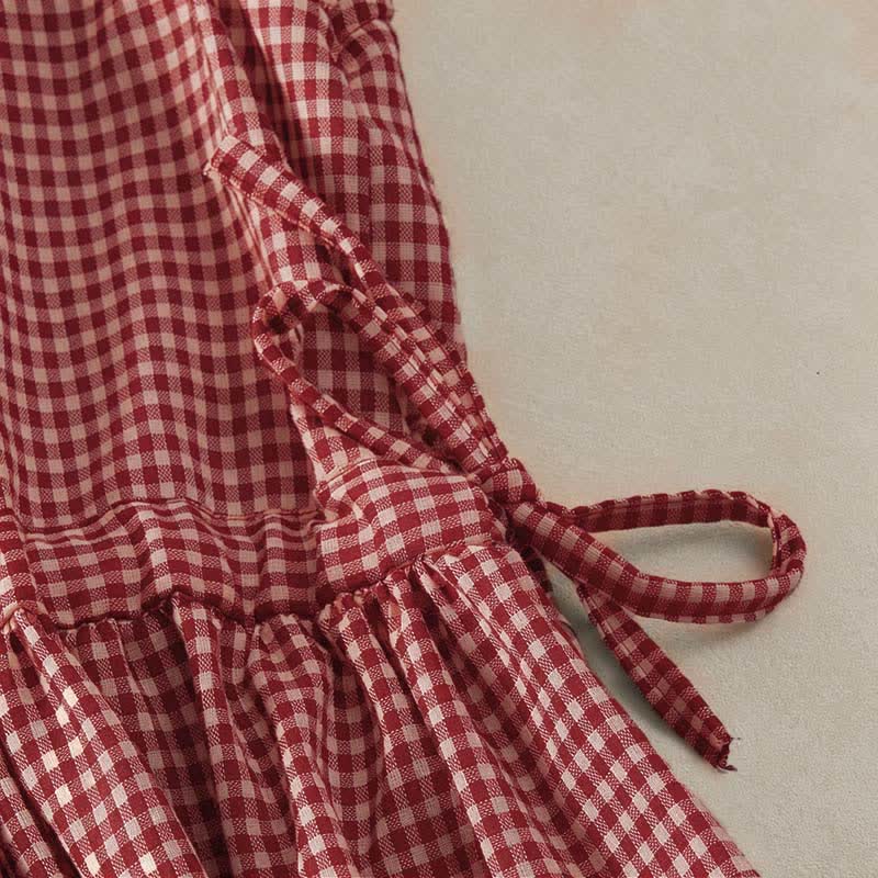 Nimara Ritual Summer Vintage Drawstring Plaid Cotton Women's Summer Sleeveless Dress With Pockets