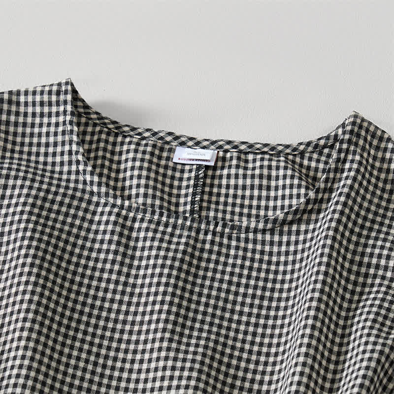 Nimara Ritual Summer Vintage Drawstring Plaid Cotton Women's Summer Sleeveless Dress With Pockets