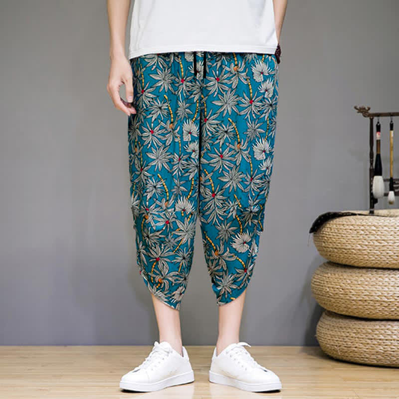 Nimara Ritual Summer Boho Casual Drawstring Floral Capri Pants Men's Harem Pants With Pocket