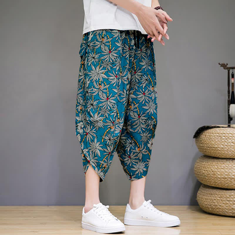Nimara Ritual Summer Boho Casual Drawstring Floral Capri Pants Men's Harem Pants With Pocket