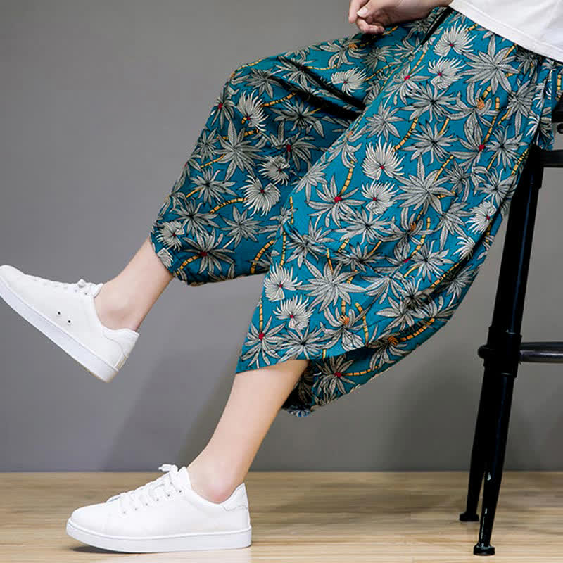 Nimara Ritual Summer Boho Casual Drawstring Floral Capri Pants Men's Harem Pants With Pocket