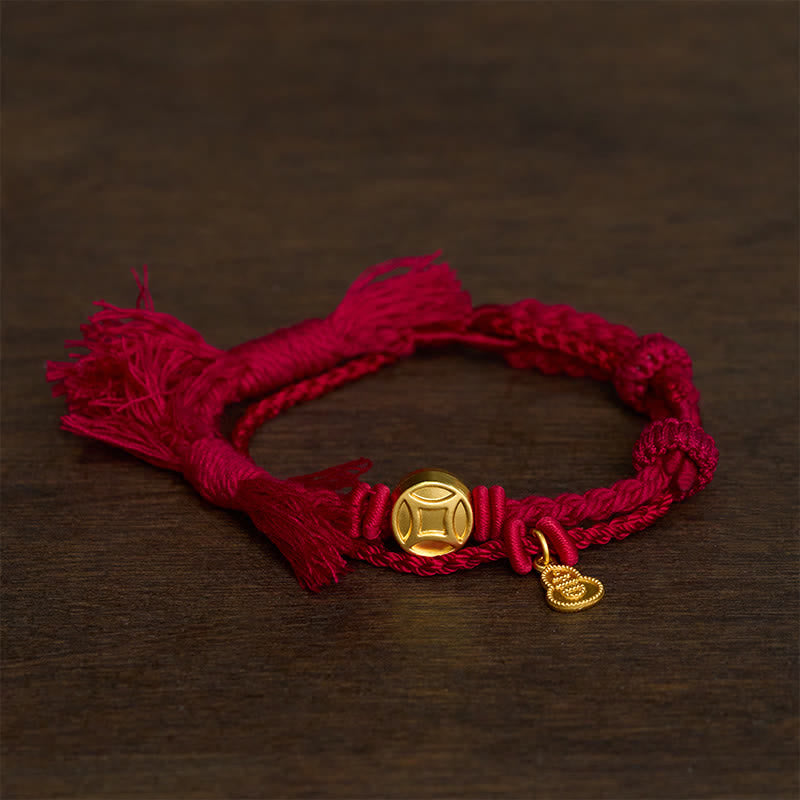 Nimara Ritual Alloy Chinese Coin Gourd Pendant Wealth Double-Strand Red String Bracelet