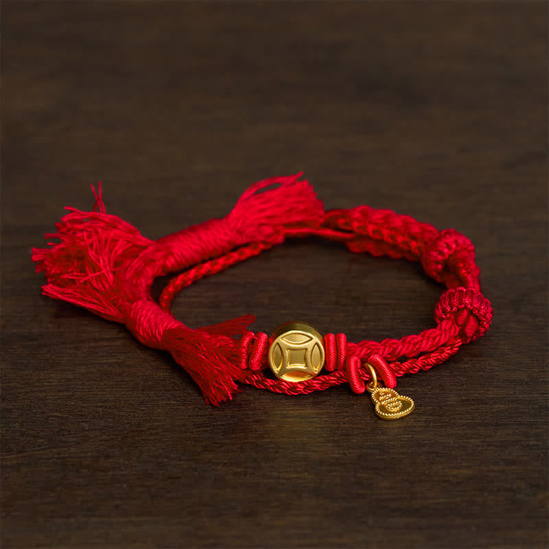 Nimara Ritual Alloy Chinese Coin Gourd Pendant Wealth Double-Strand Red String Bracelet