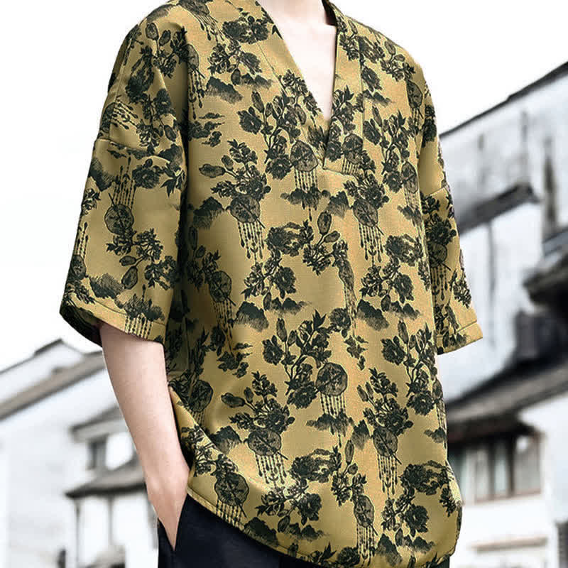 Nimara Ritual Summer Casual Tang Style Floral V-Neck Men's Short Sleeve T-Shirts