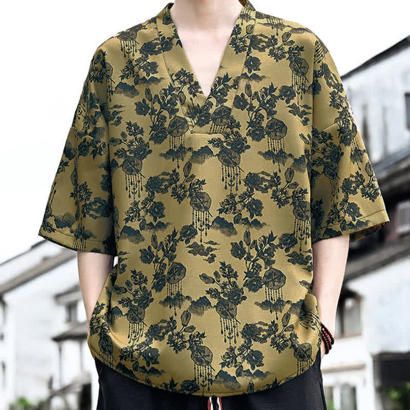 Nimara Ritual Summer Casual Tang Style Floral V-Neck Men's Short Sleeve T-Shirts