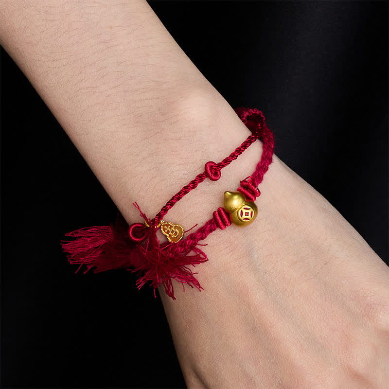 Nimara Ritual Alloy Gourd Shaped Chinese Coin Gourd Pendant Wealth Double-Strand Red String Bracelet