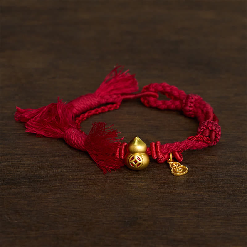 Nimara Ritual Alloy Gourd Shaped Chinese Coin Gourd Pendant Wealth Double-Strand Red String Bracelet