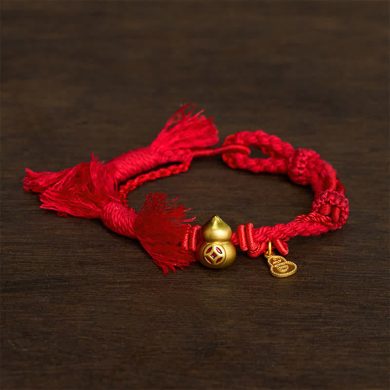 Nimara Ritual Alloy Gourd Shaped Chinese Coin Gourd Pendant Wealth Double-Strand Red String Bracelet