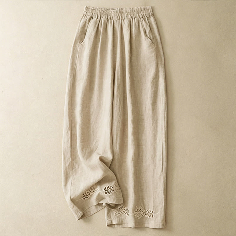 Nimara Ritual Summer Casual Hollow Embroidery Hem Solid Ankle Pants Women's Harem Pants With Pocket