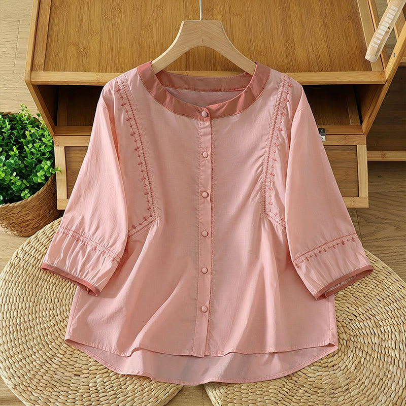 Nimara Ritual Summer Casual Vintage Button-up Solid Decorative Seam Women's Short Sleeve Shirts