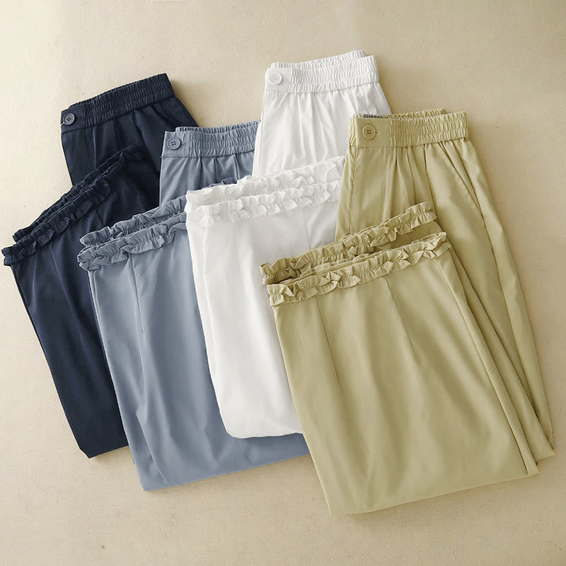Nimara Ritual Summer Casual Elegant Button-Up Solid Zipper Design Ruffles Hem Cropped Pants Women's Harem Pants With Pocket