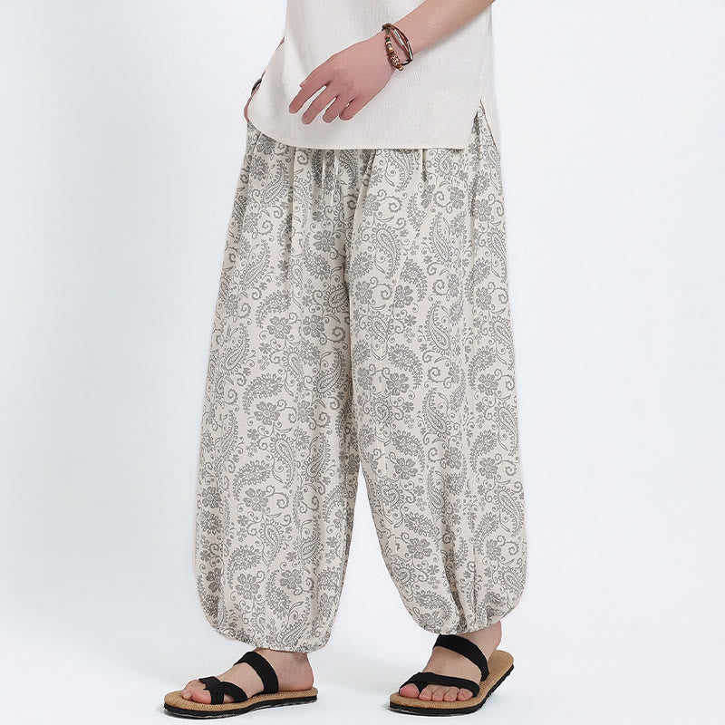 Nimara Ritual Summer Boho Casual Drawstring Paisley Capri Pants Men's Harem Pants With Pocket
