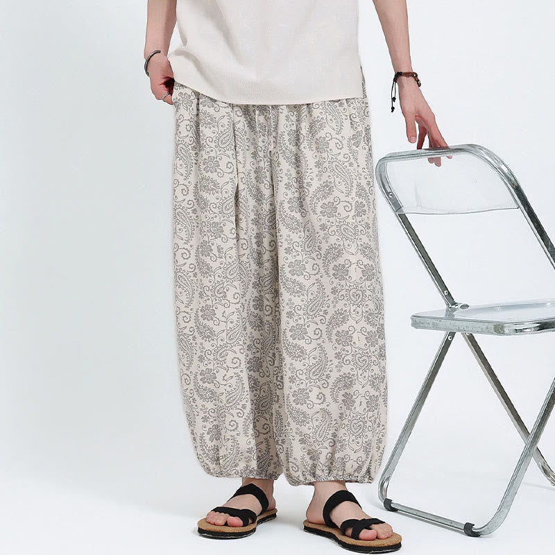 Nimara Ritual Summer Boho Casual Drawstring Paisley Capri Pants Men's Harem Pants With Pocket