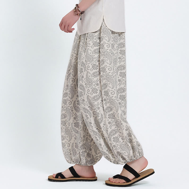 Nimara Ritual Summer Boho Casual Drawstring Paisley Capri Pants Men's Harem Pants With Pocket