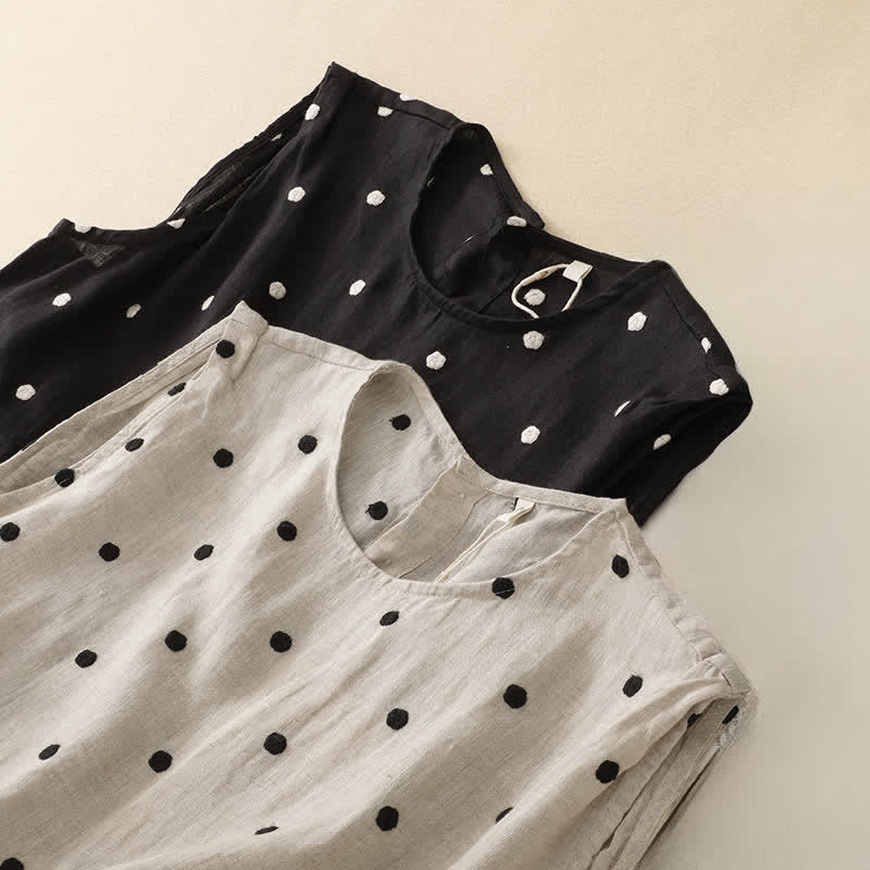 Nimara Ritual Summer Casual Vintage Drawstring Polka Dot Crew Neck Women's Summer Sleeveless Dress With Pocket