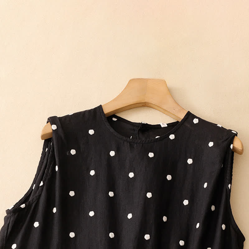 Nimara Ritual Summer Casual Vintage Drawstring Polka Dot Crew Neck Women's Summer Sleeveless Dress With Pocket