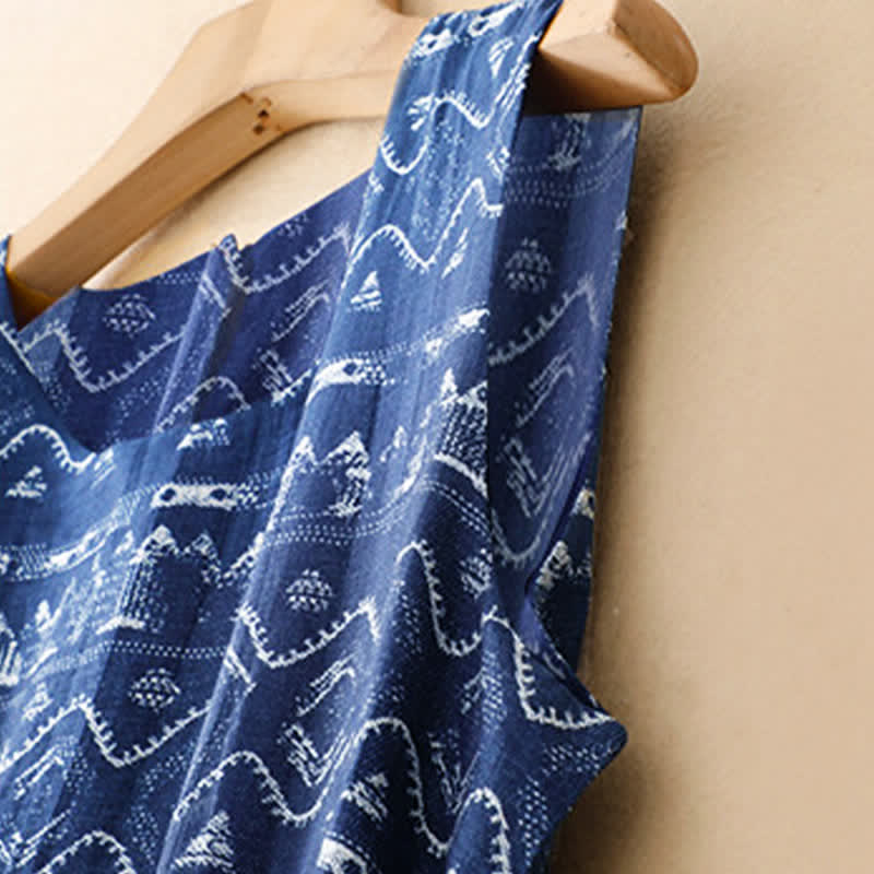 Nimara Ritual Summer Boho Casual Blue wavy shape Geometric Women's Summer Sleeveless Dress With Pocket