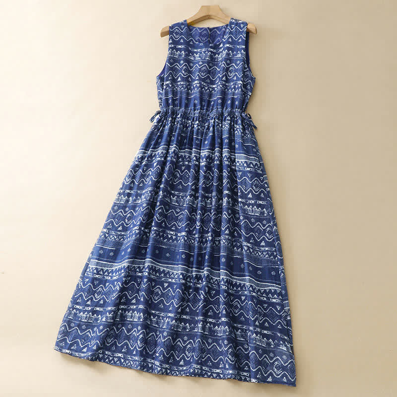 Nimara Ritual Summer Boho Casual Blue wavy shape Geometric Women's Summer Sleeveless Dress With Pocket