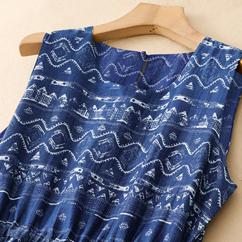 Nimara Ritual Summer Boho Casual Blue wavy shape Geometric Women's Summer Sleeveless Dress With Pocket