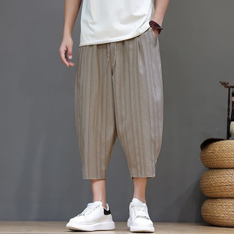 Nimara Ritual Summer Casual Drawstring Striped Capri Pants Men's Harem Pants With Pocket