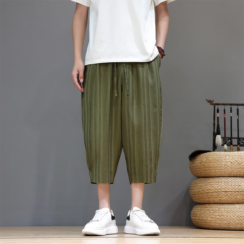 Nimara Ritual Summer Casual Drawstring Striped Capri Pants Men's Harem Pants With Pocket