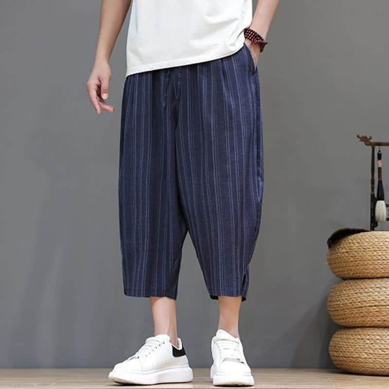 Nimara Ritual Summer Casual Drawstring Striped Capri Pants Men's Harem Pants With Pocket