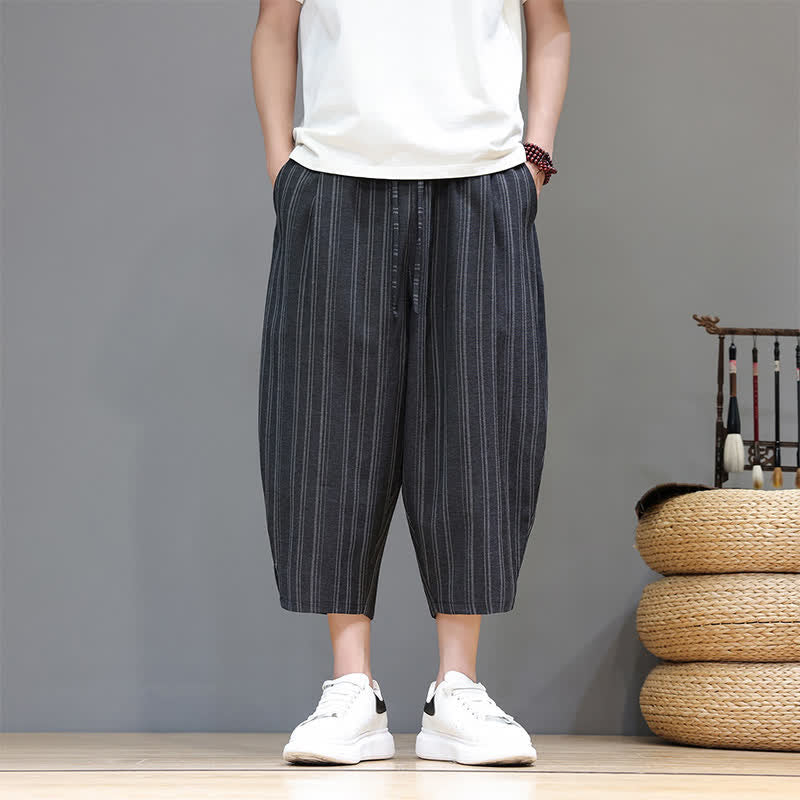 Nimara Ritual Summer Casual Drawstring Striped Capri Pants Men's Harem Pants With Pocket