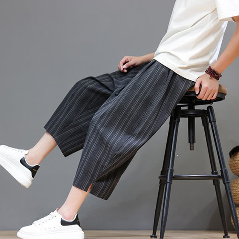 Nimara Ritual Summer Casual Drawstring Striped Capri Pants Men's Harem Pants With Pocket