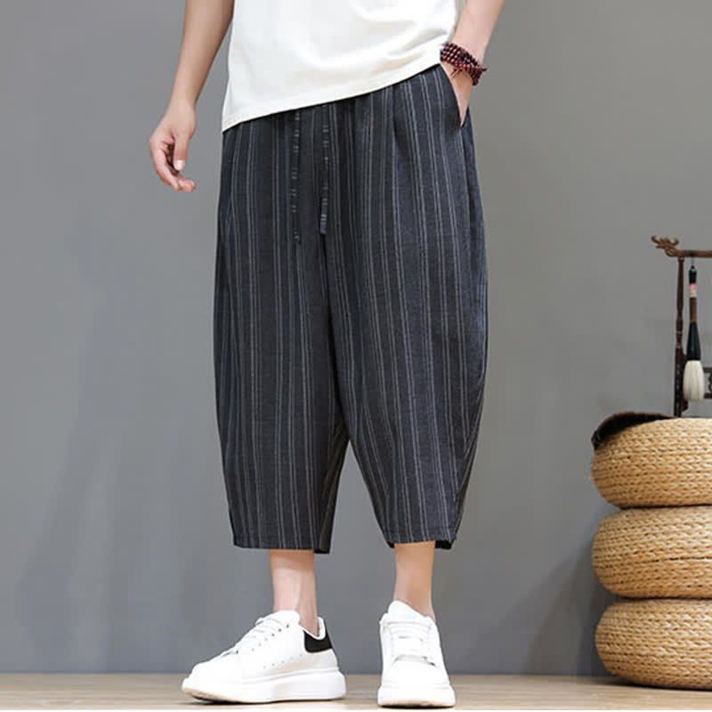 Nimara Ritual Summer Casual Drawstring Striped Capri Pants Men's Harem Pants With Pocket