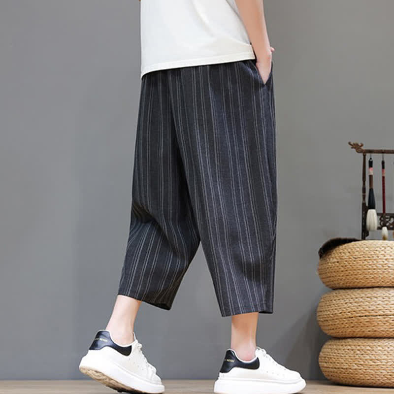 Nimara Ritual Summer Casual Drawstring Striped Capri Pants Men's Harem Pants With Pocket