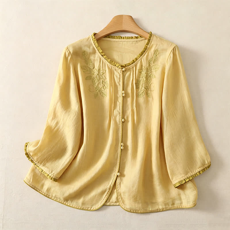 Nimara Ritual Spring Summer Casual Elegant Embroidery Floral Leaves Button-Up Women's Long Sleeve Shirts