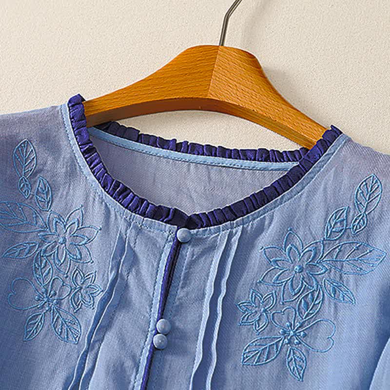 Nimara Ritual Spring Summer Casual Elegant Embroidery Floral Leaves Button-Up Women's Long Sleeve Shirts