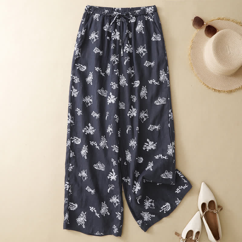 Nimara Ritual Summer Casual Vintage Drawstring Floral Ankle Pants Women's Wide Leg Pants With Pocket